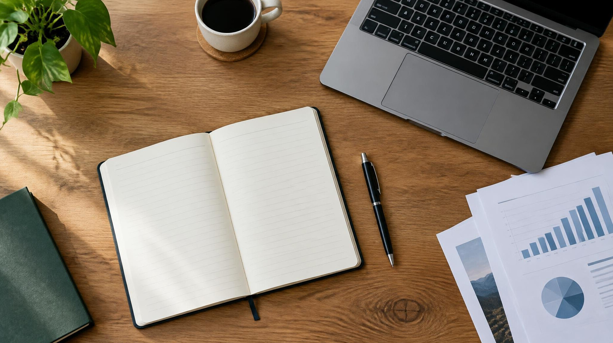 Top view of a desk with notebook and pen for research