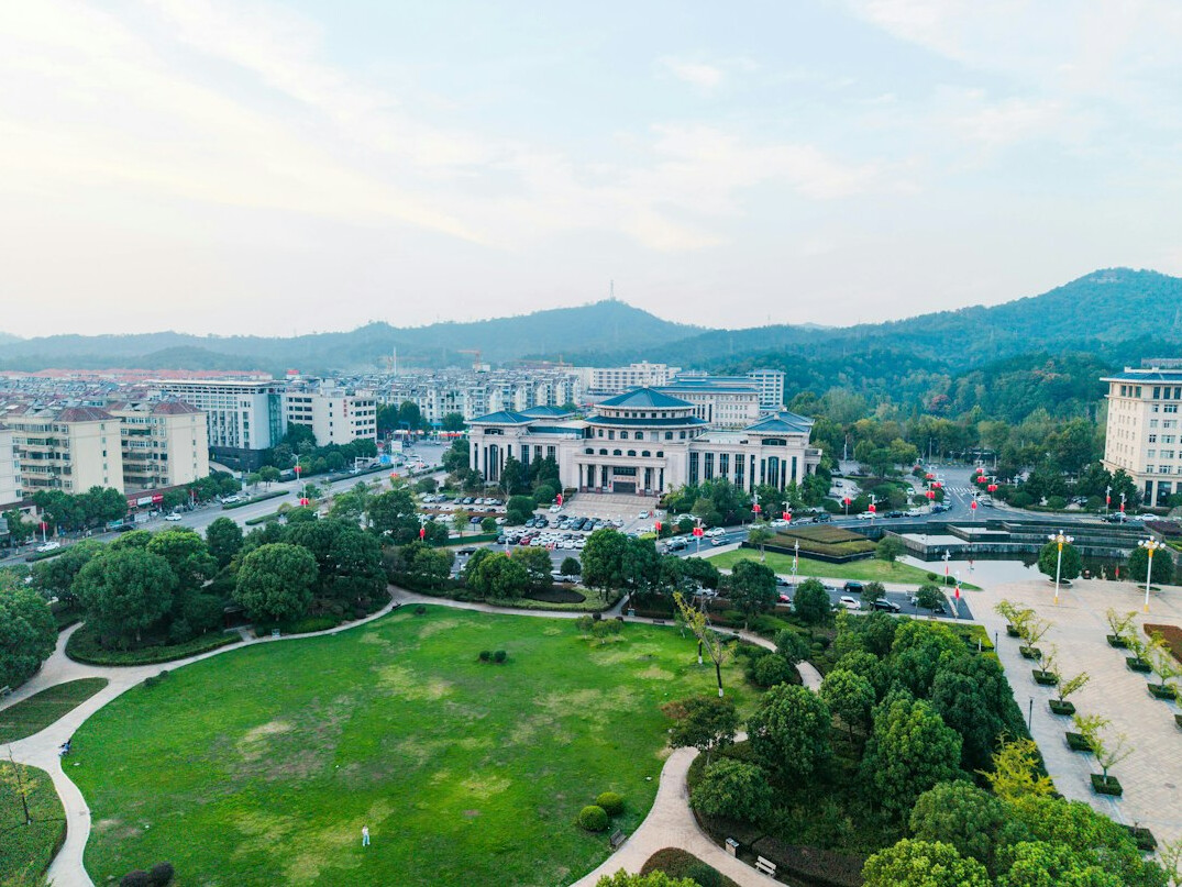 Aerial view of a city with green areas