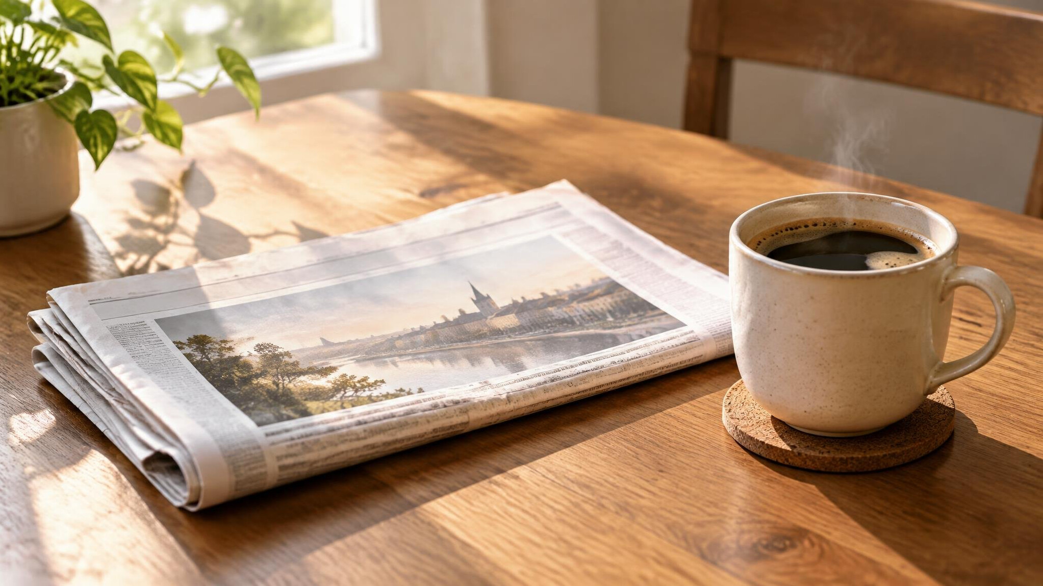 Newspaper and coffee on a table